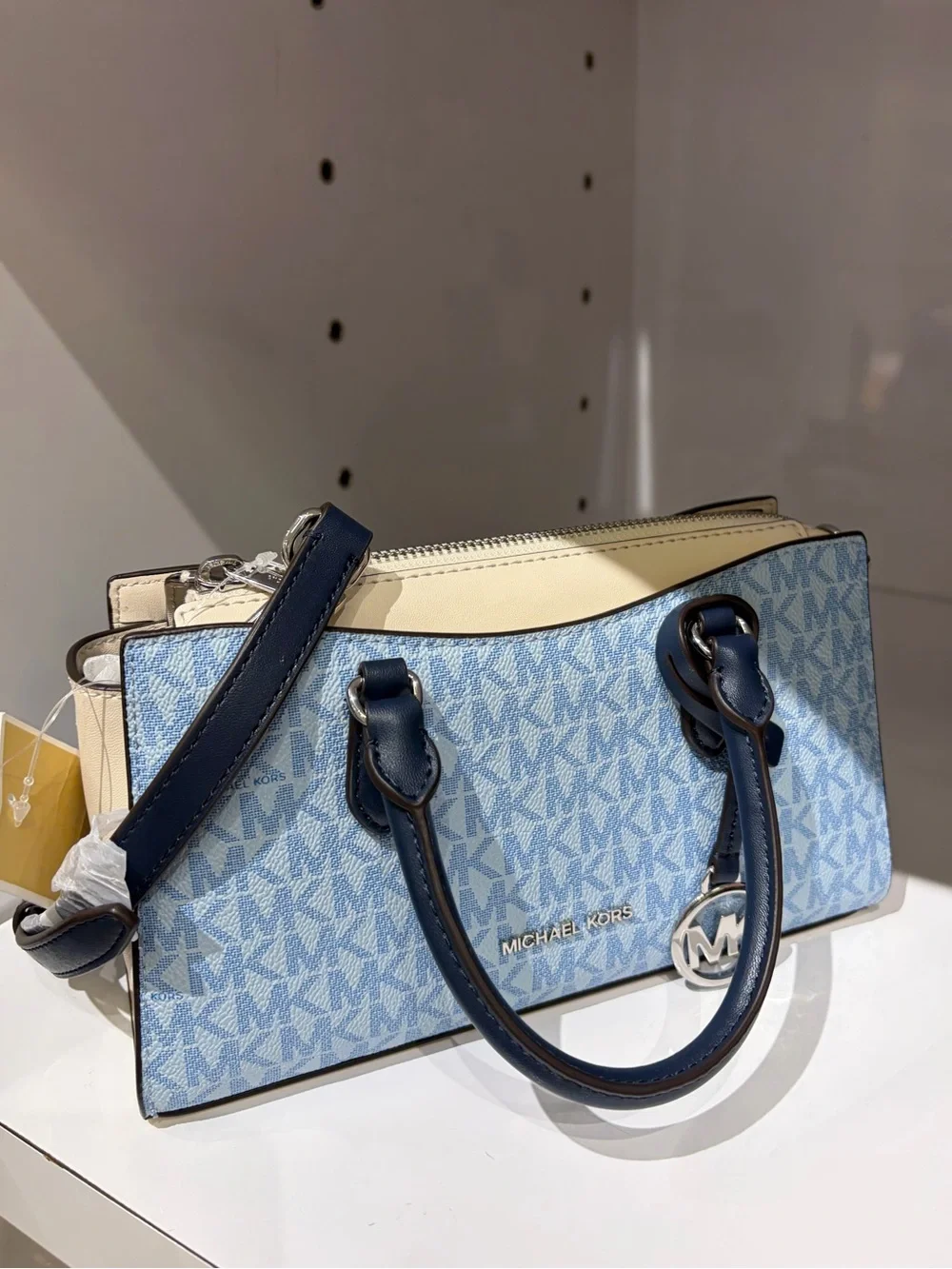 Michael Kors Light Blue Signature Satchel Crossbody with Navy Trim